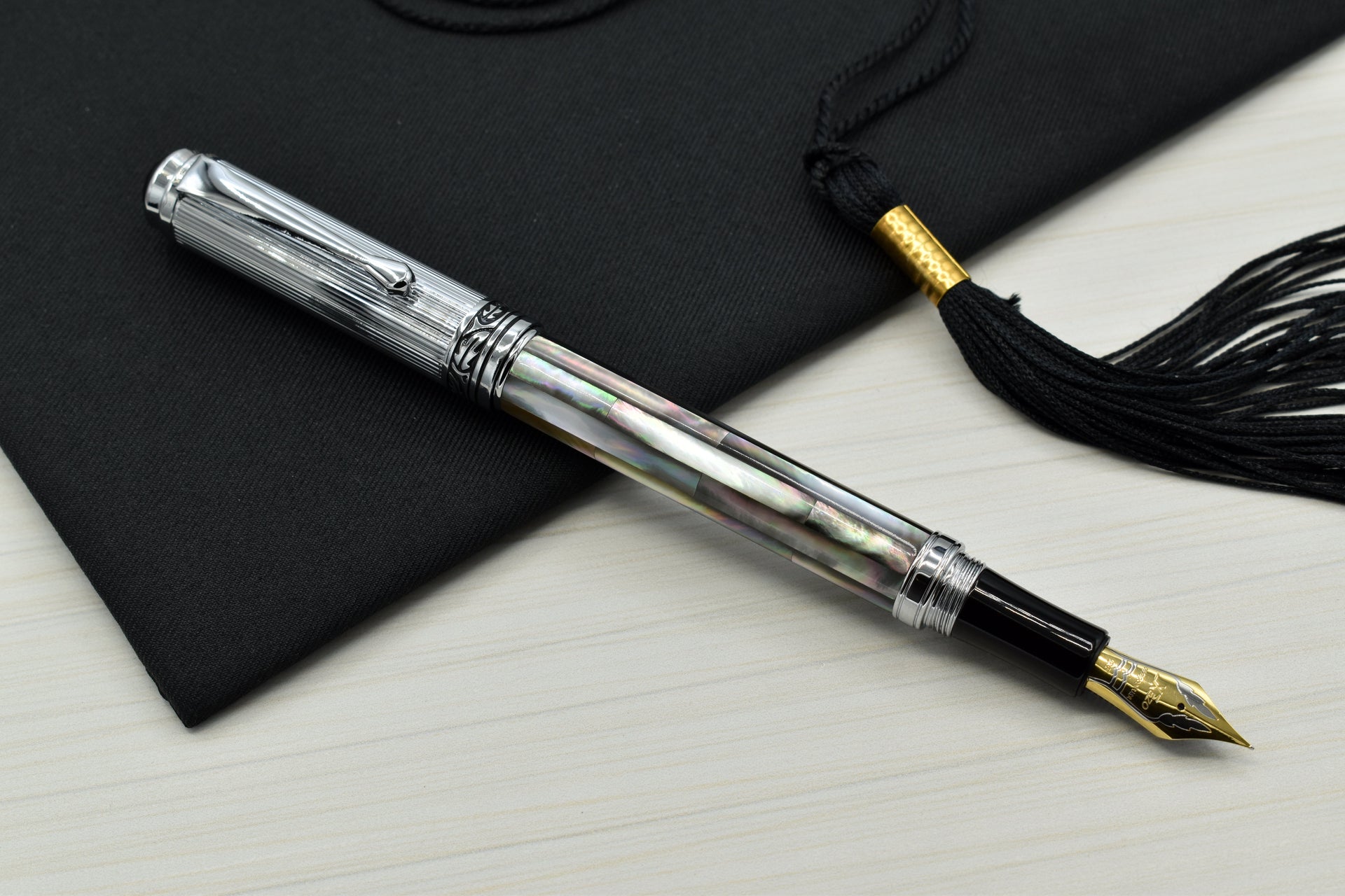 Xezo Maestro® Black Mother of Pearl Fountain Pen (Extra Fine Nib) - Chrome Plated