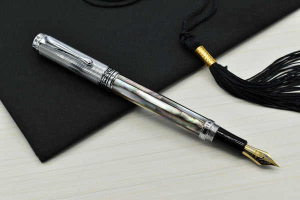 Xezo Maestro® Black Mother of Pearl Fountain Pen (Extra Fine Nib) - Chrome Plated