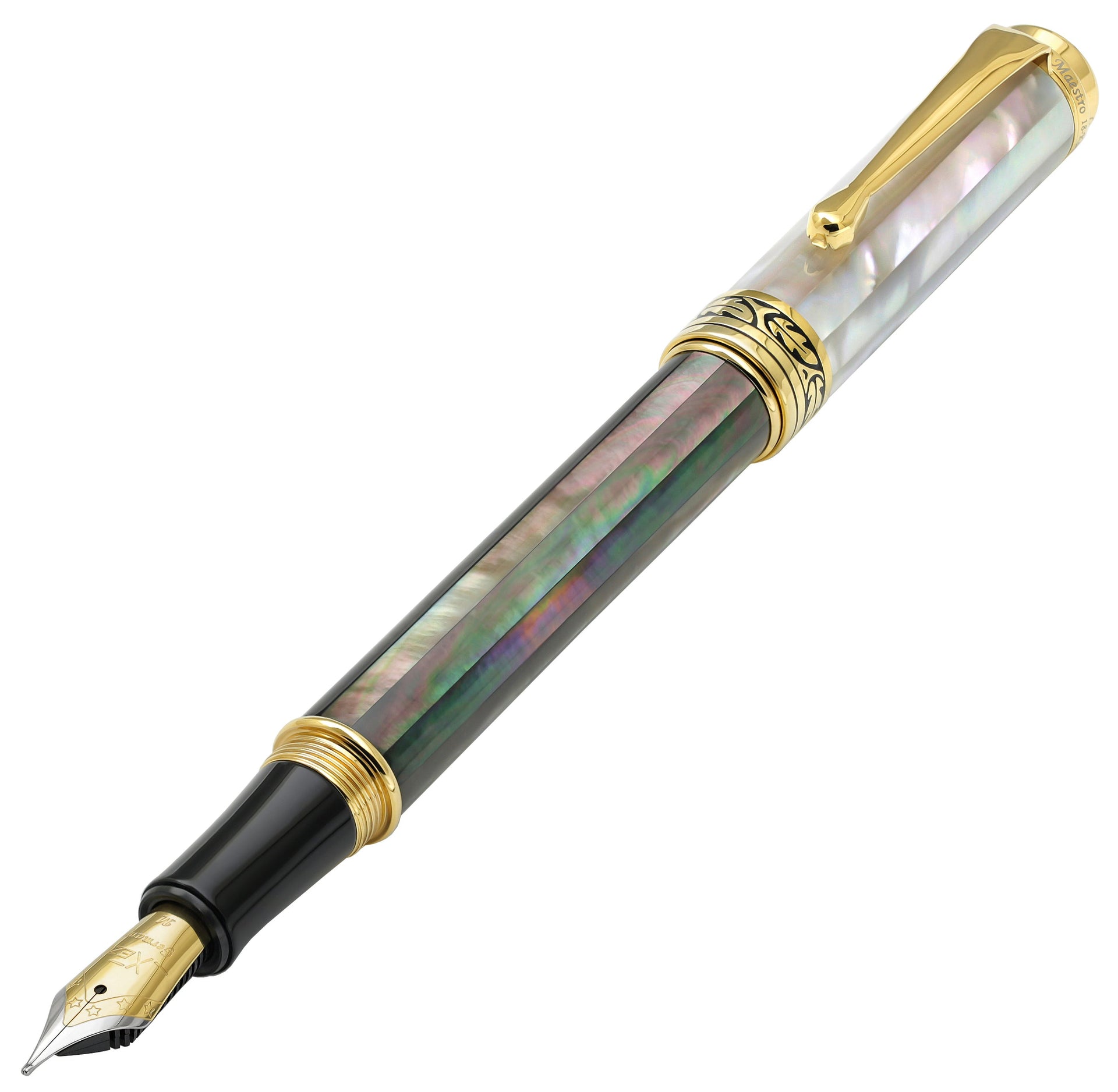 Maestro® Black and White Mother of Pearl Fountain Pen (Medium Nib) and Rollerball Pen Set - 18K Gold Plated
