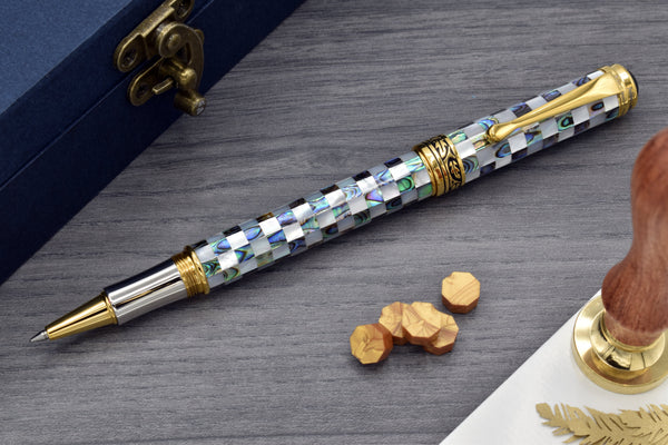 Xezo Maestro® Jubilee Classic of The Ocean Rollerball Pen - Paua Abalone & Oceanic White Mother of Pearl, 18K Gold Plated