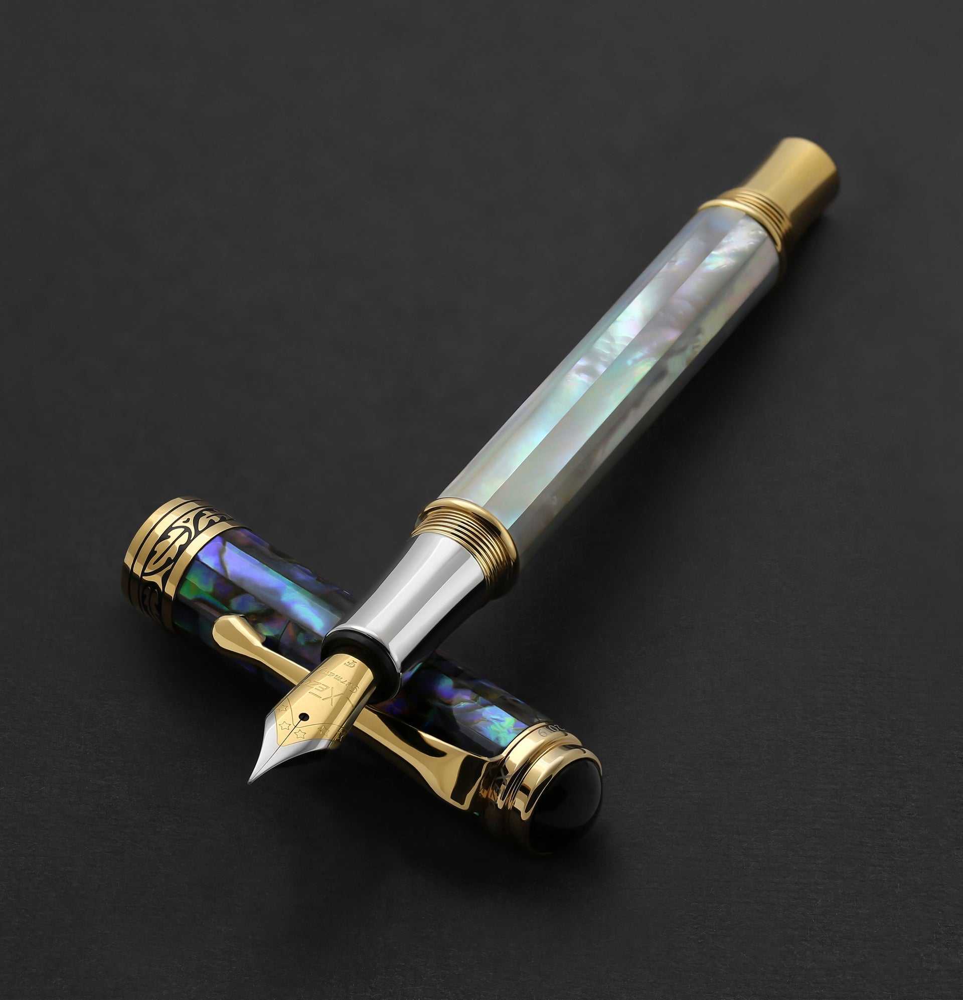 Maestro® 18K Gold Plated Fountain Pen (Fine Nib) and Rollerball Pen Set - Oceanic White Mother of Pearl & Paua Abalone
