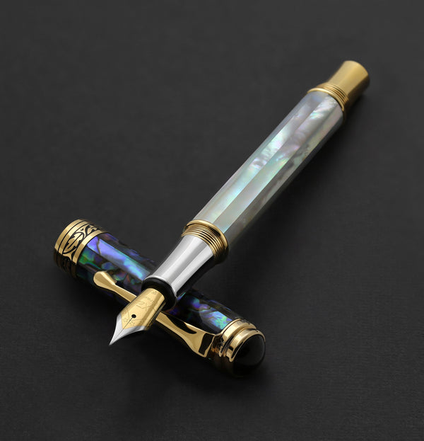 Maestro® 18K Gold Plated Fountain Pen (Fine Nib) and Rollerball Pen Set - Oceanic White Mother of Pearl & Paua Abalone