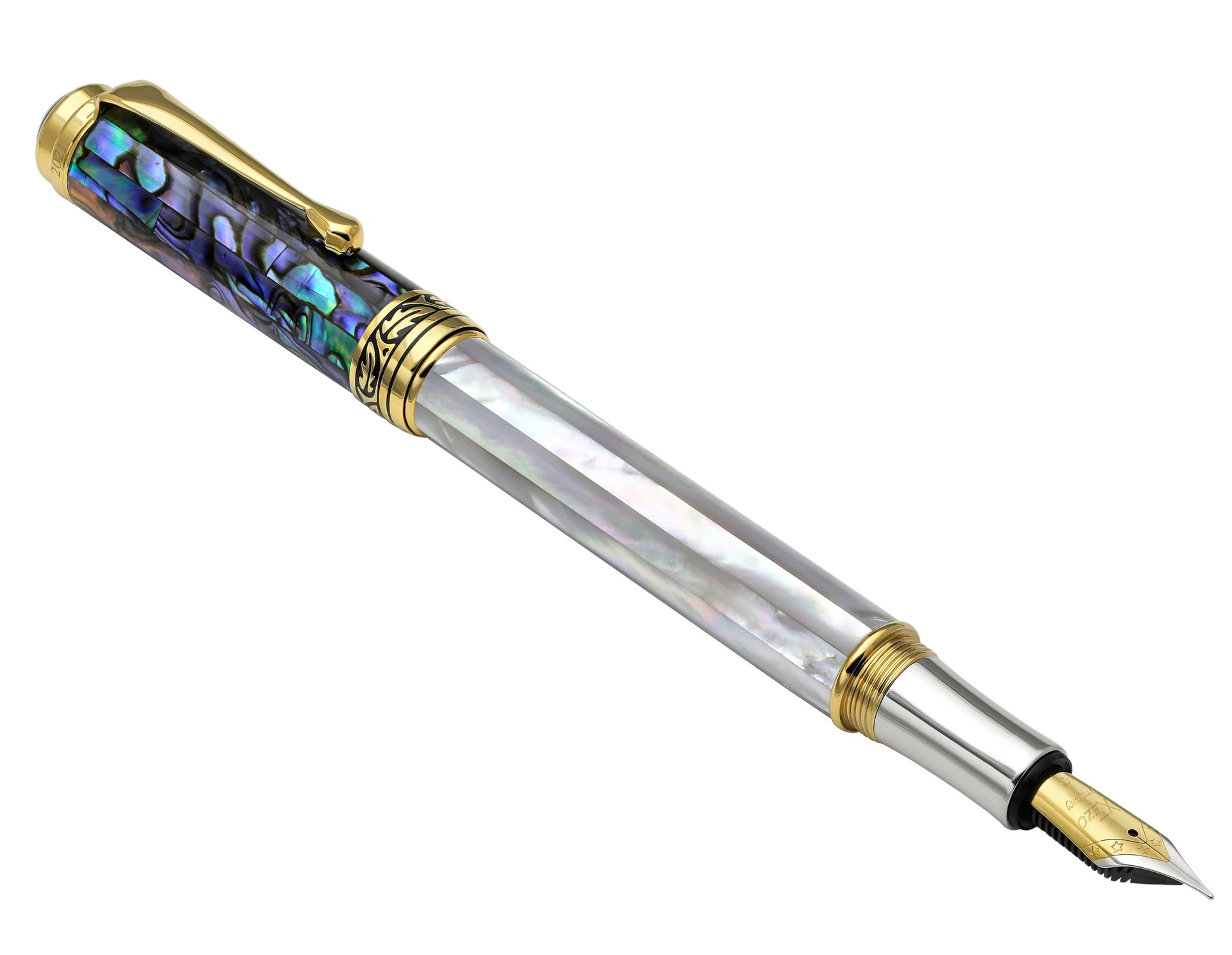 Maestro® 18K Gold Plated Fountain Pen (Fine Nib) and Rollerball Pen Set - Oceanic White Mother of Pearl & Paua Abalone