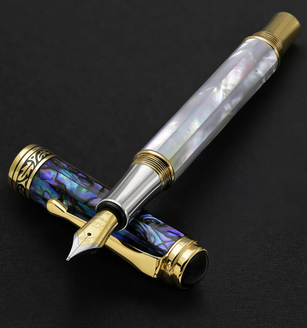 Maestro® 18K Gold Plated Fountain Pen (Medium Nib) - Oceanic White Mother of Pearl & Paua Abalone - Gifts for You 'n Me