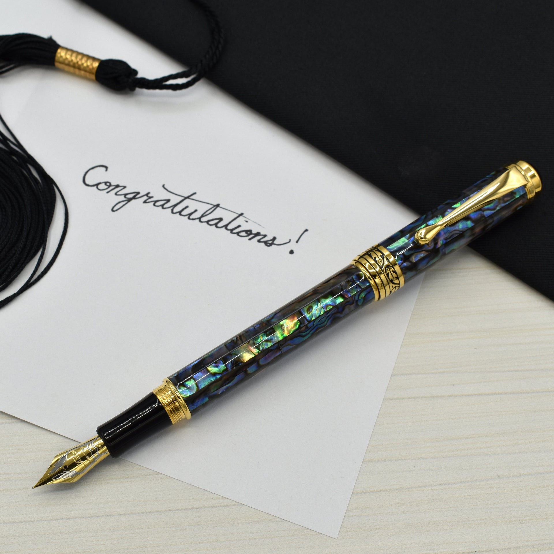 Xezo Maestro® Paua Abalone Sea Shell Fountain Pen (Extra Fine Nib) - 18K Gold Plated