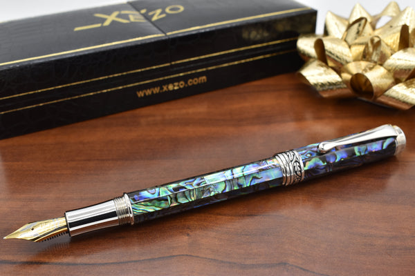 Xezo Maestro® Paua Abalone Sea Shell Fountain Pen (Medium-Fine 0.45 mm Nib) - Platinum Plated