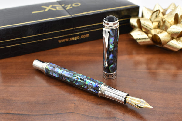 Xezo Maestro® Paua Abalone Sea Shell Fountain Pen (Medium-Fine 0.45 mm Nib) - Platinum Plated