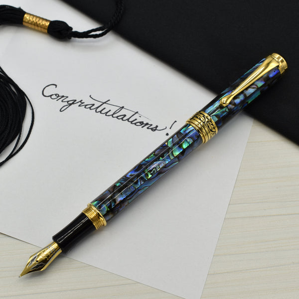 Xezo Maestro® Paua Abalone Sea Shell Fountain Pen (Medium-Fine 0.45 mm Nib) - 18K Gold Plated