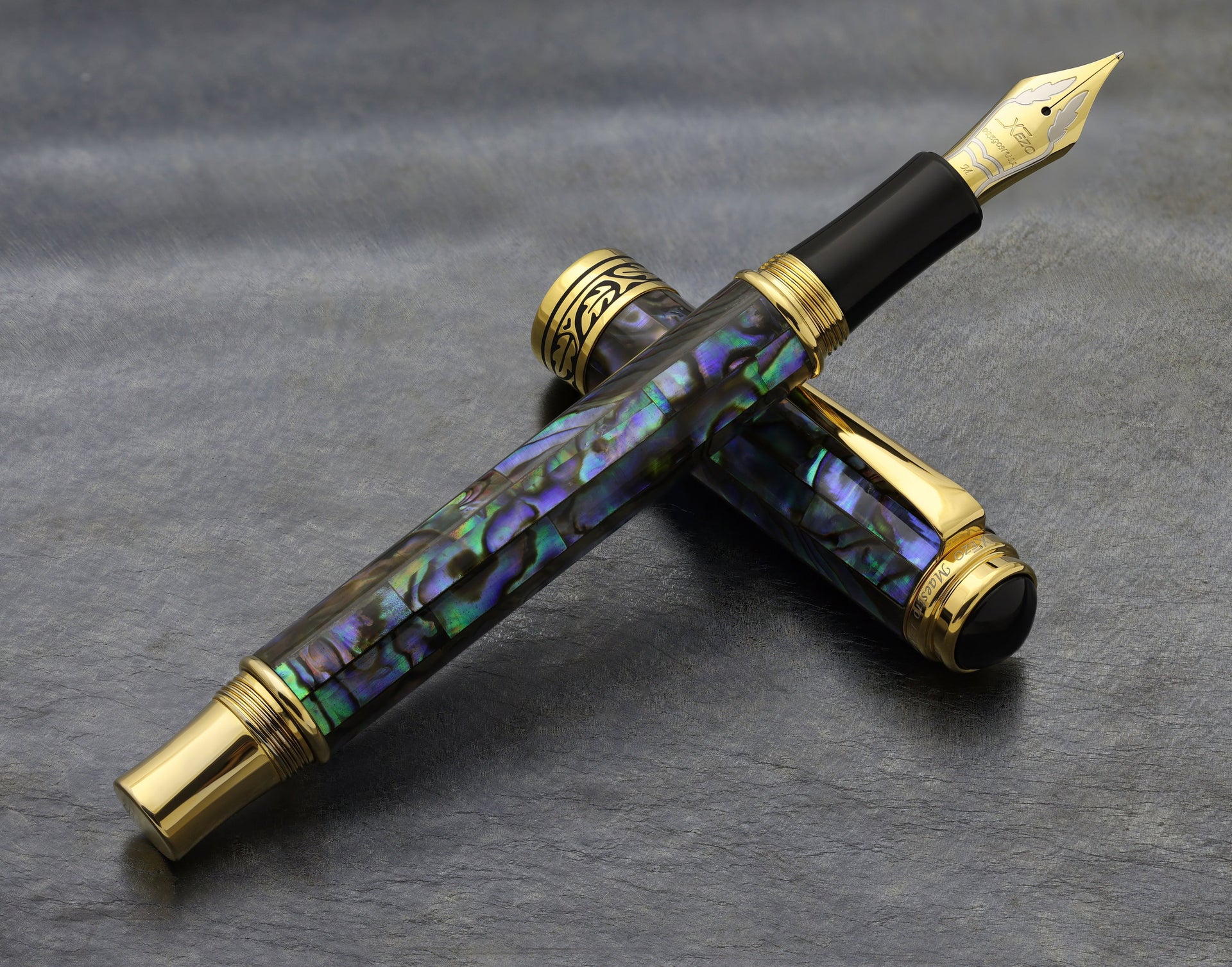 Xezo Maestro® Paua Abalone Sea Shell Fountain Pen (Medium-Fine 0.45 mm Nib) - 18K Gold Plated
