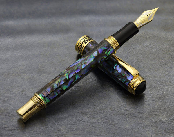 Xezo Maestro® Paua Abalone Sea Shell Fountain Pen (Medium-Fine 0.45 mm Nib) - 18K Gold Plated