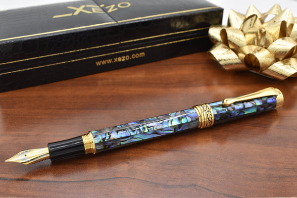 Xezo Maestro® Paua Abalone Sea Shell Fountain Pen (Medium-Fine 0.45 mm Nib) - 18K Gold Plated