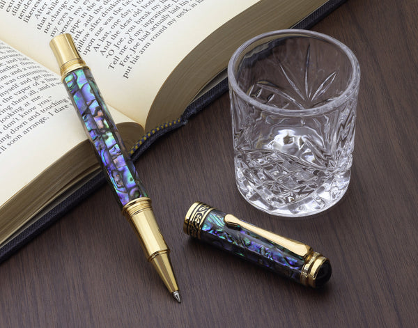 Maestro® Paua Abalone Sea Shell Fountain Pen (Medium Nib) and Rollerball Pen Set - 18K Gold Plated