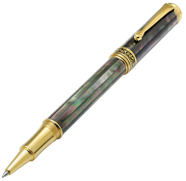 Maestro® Black and White Mother of Pearl Fountain Pen (Medium Nib) and Rollerball Pen Set - 18K Gold Plated
