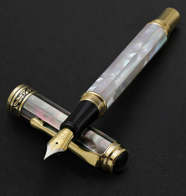 Maestro® White & Black Mother of Pearl Fountain Pen (Fine Nib) - 18K Gold Plated - Gifts for You 'n Me