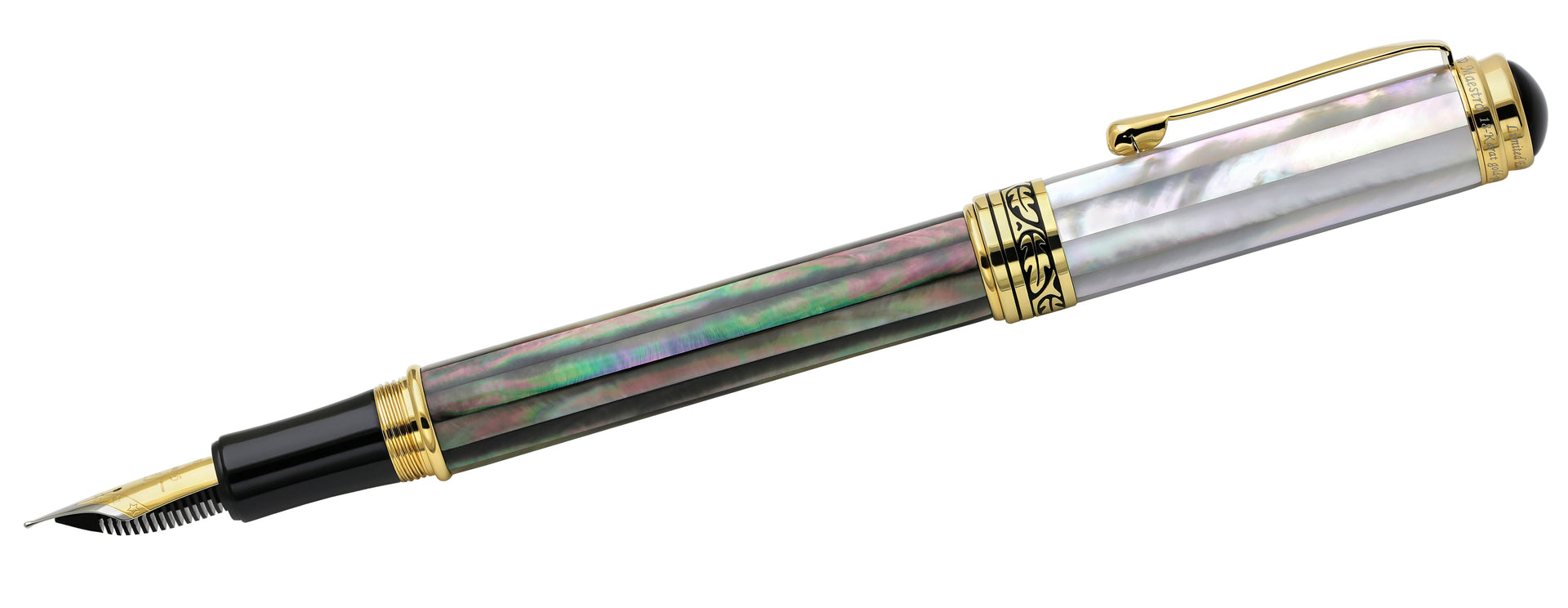 Maestro® Black and White Mother of Pearl Fountain Pen (Medium Nib) and Rollerball Pen Set - 18K Gold Plated