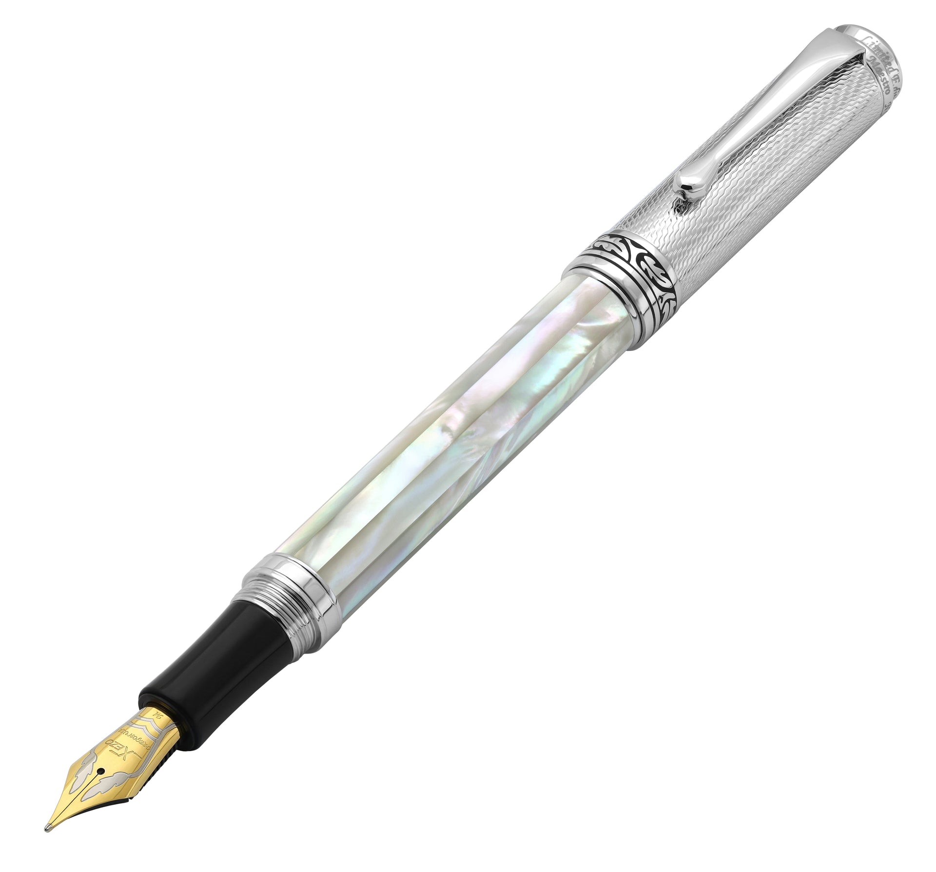 Xezo Maestro® Oceanic White Mother of Pearl Fountain Pen (Medium-Fine 0.45mm Nib) - Chrome Cap