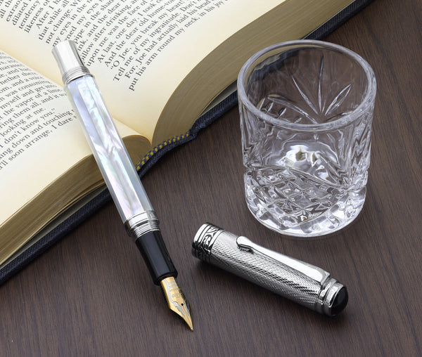 Xezo Maestro® Oceanic White Mother of Pearl Fountain Pen (Medium-Fine 0.45mm Nib) - Chrome Cap