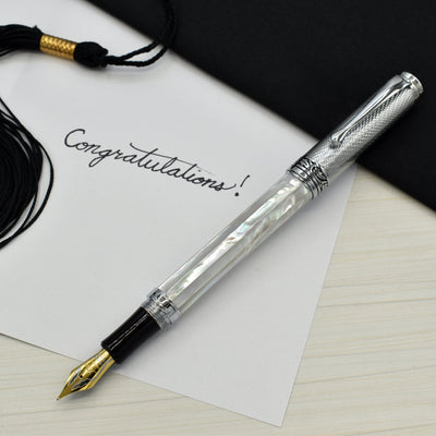 Xezo Maestro® Oceanic White Mother of Pearl Fountain Pen (Medium-Fine 0.45mm Nib) - Chrome Cap