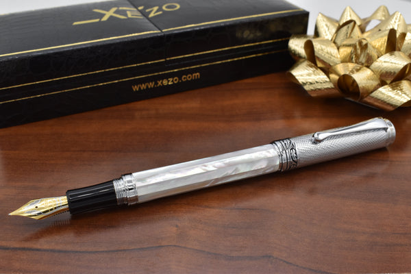 Xezo Maestro® Oceanic White Mother of Pearl Fountain Pen (Medium-Fine 0.45mm Nib) - Chrome Cap