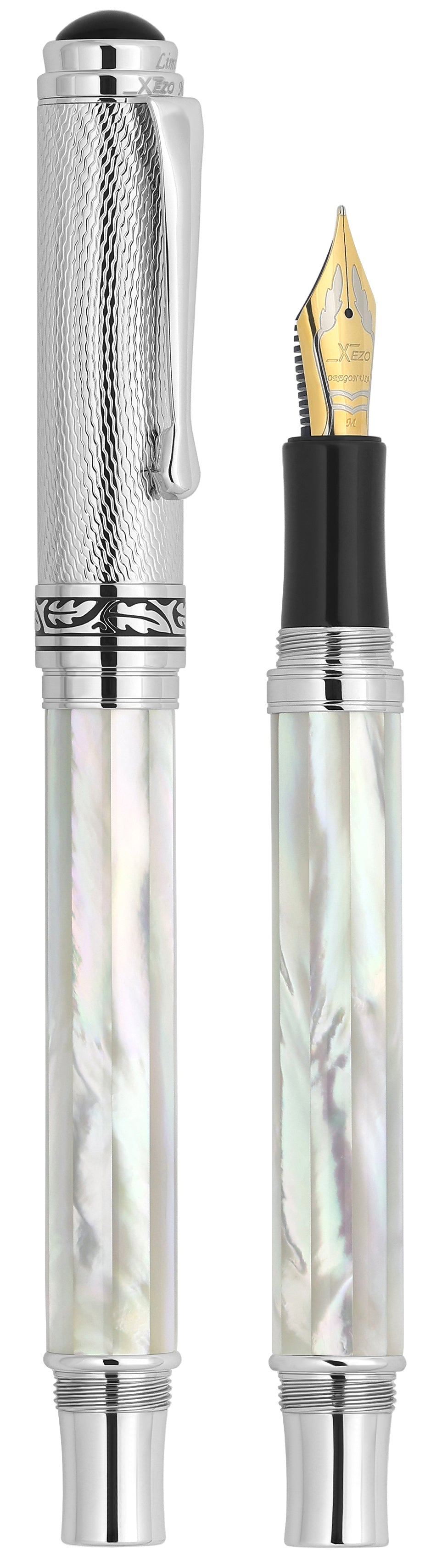 Xezo Maestro® Oceanic White Mother of Pearl Fountain Pen (Medium-Fine 0.45mm Nib) - Chrome Cap