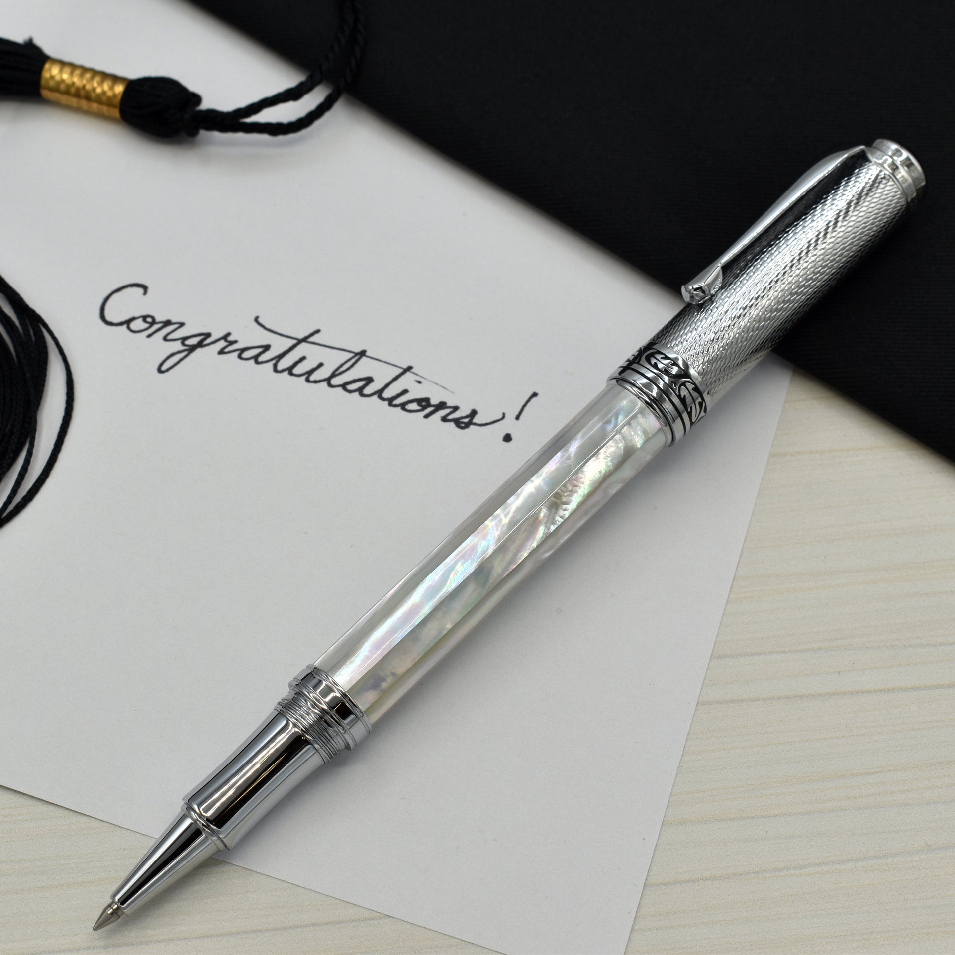Xezo Maestro® Oceanic White Mother of Pearl Rollerball Pen - Chrome Cap