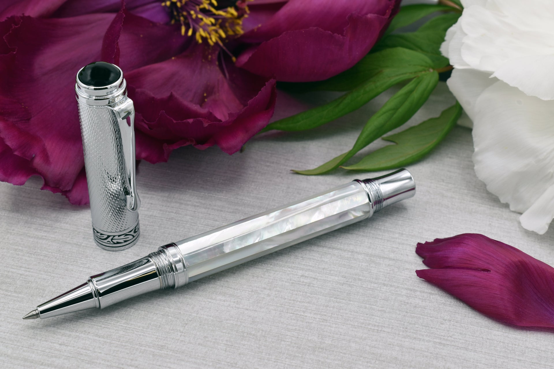Xezo Maestro® Oceanic White Mother of Pearl Rollerball Pen - Chrome Cap