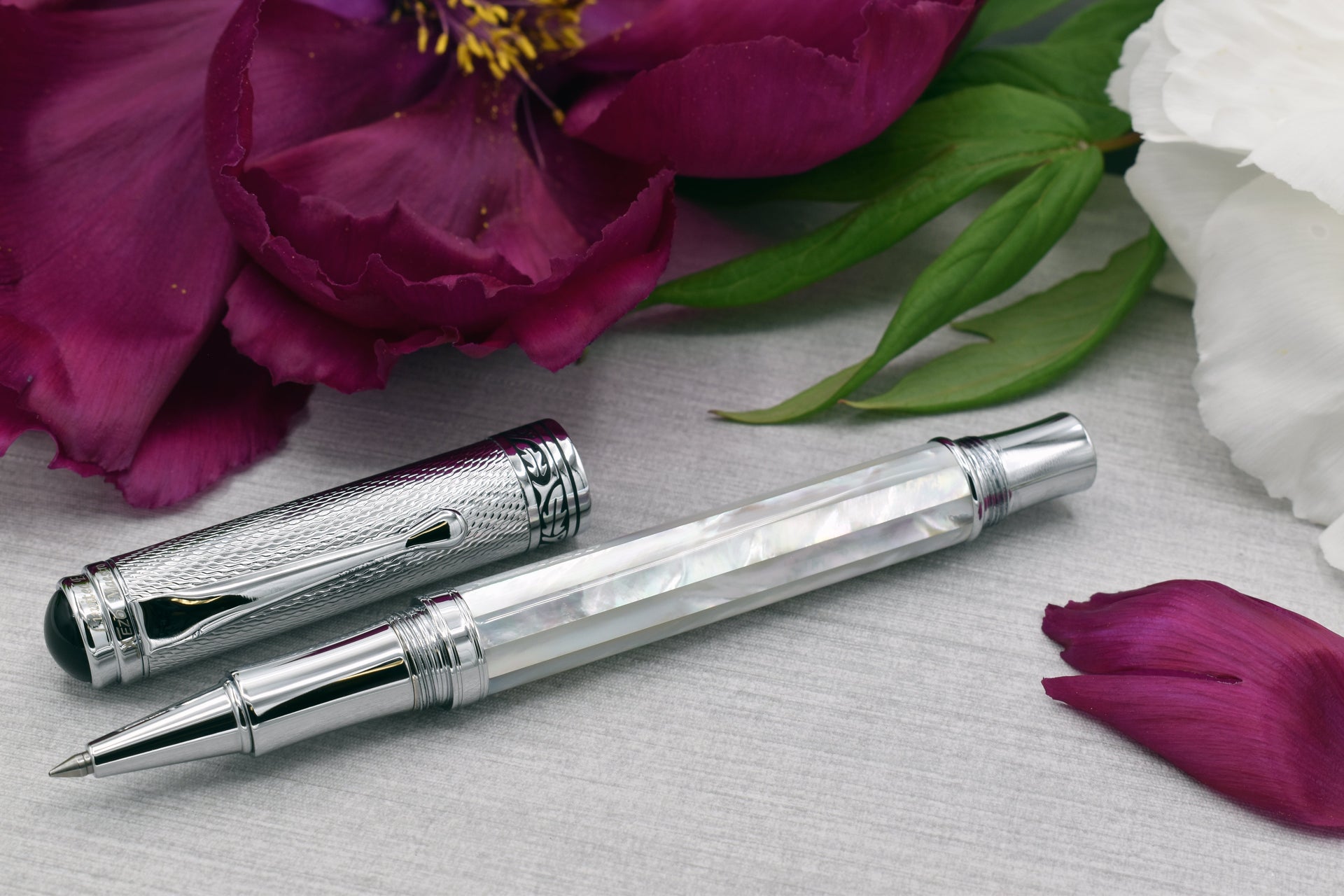 Xezo Maestro® Oceanic White Mother of Pearl Rollerball Pen - Chrome Cap