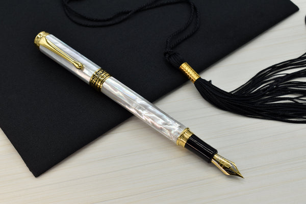 Xezo Maestro® 18K Gold Plated Fountain Pen (Extra Fine Nib) - Oceanic White Mother of Pearl