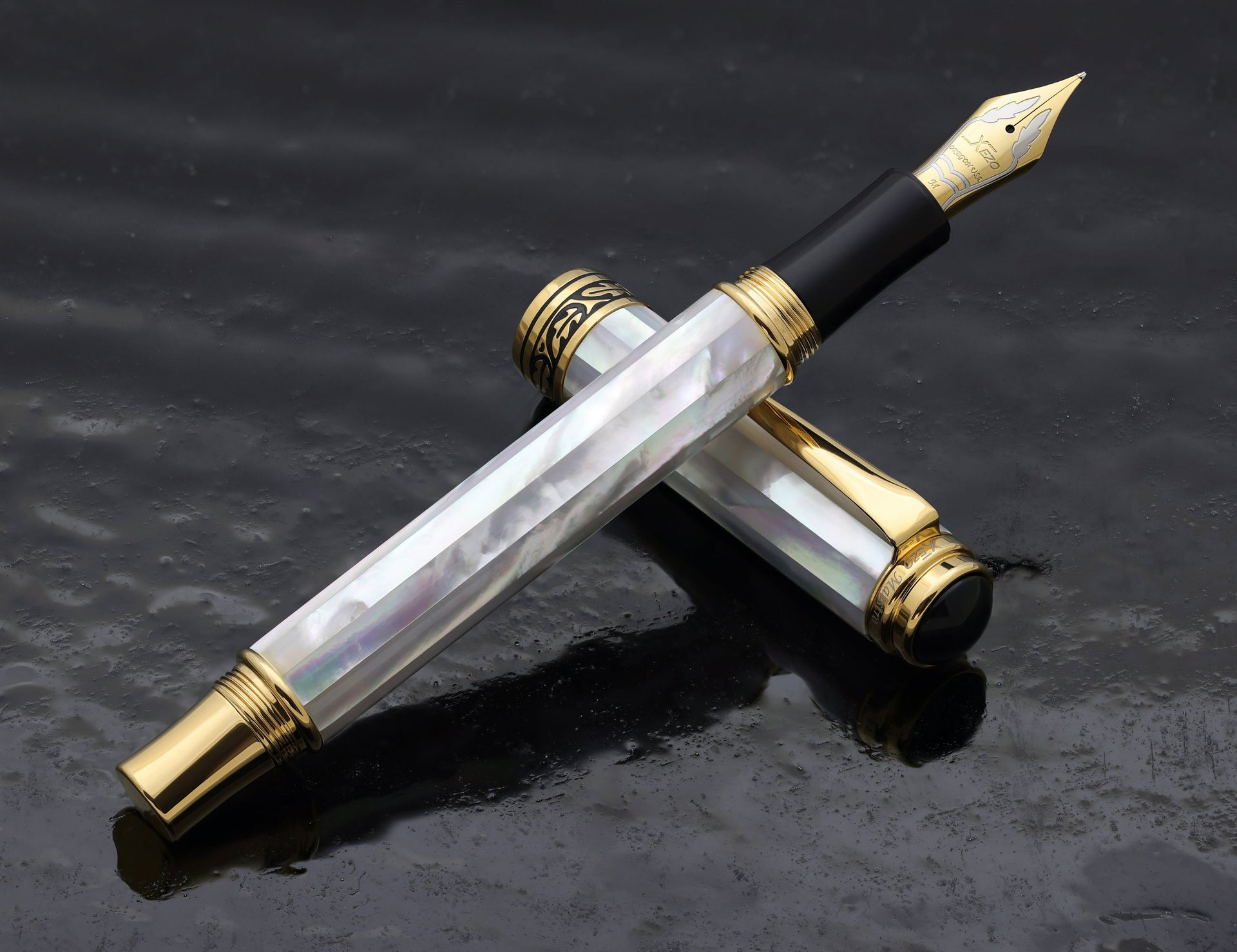 Xezo Maestro® 18K Gold Plated Fountain Pen (Medium-Fine 0.45 mm Nib) - Oceanic White Mother of Pearl