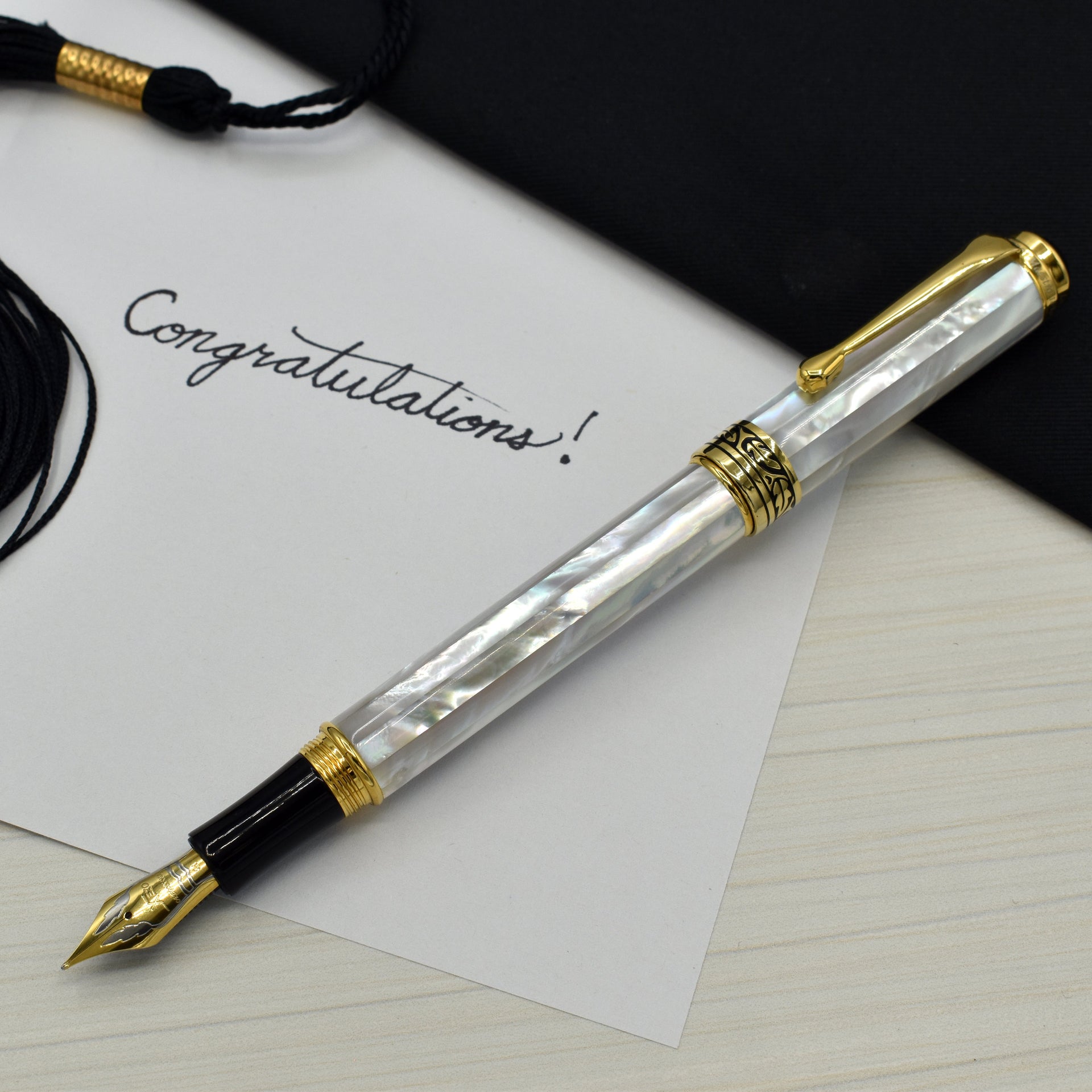 Xezo Maestro® 18K Gold Plated Fountain Pen (Medium-Fine 0.45 mm Nib) - Oceanic White Mother of Pearl