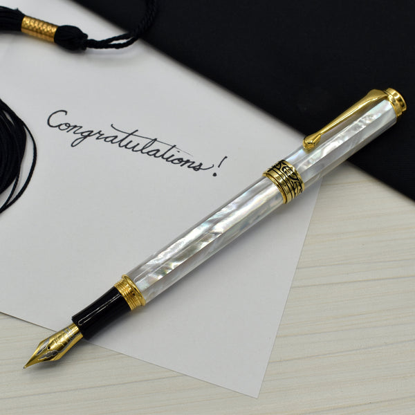 Xezo Maestro® 18K Gold Plated Fountain Pen (Medium-Fine 0.45 mm Nib) - Oceanic White Mother of Pearl