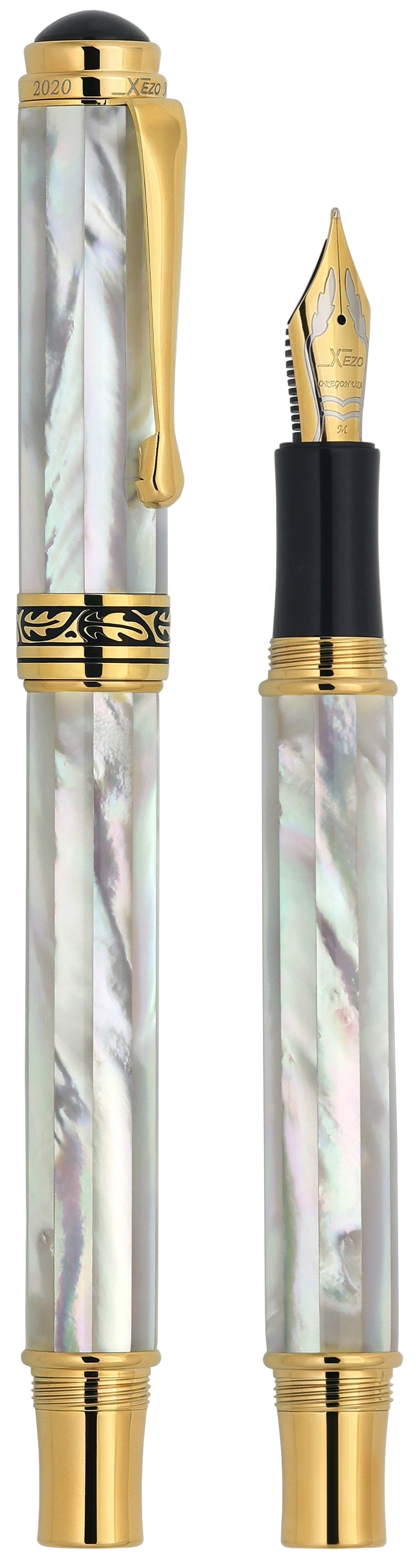 Xezo Maestro® 18K Gold Plated Fountain Pen (Medium-Fine 0.45 mm Nib) - Oceanic White Mother of Pearl