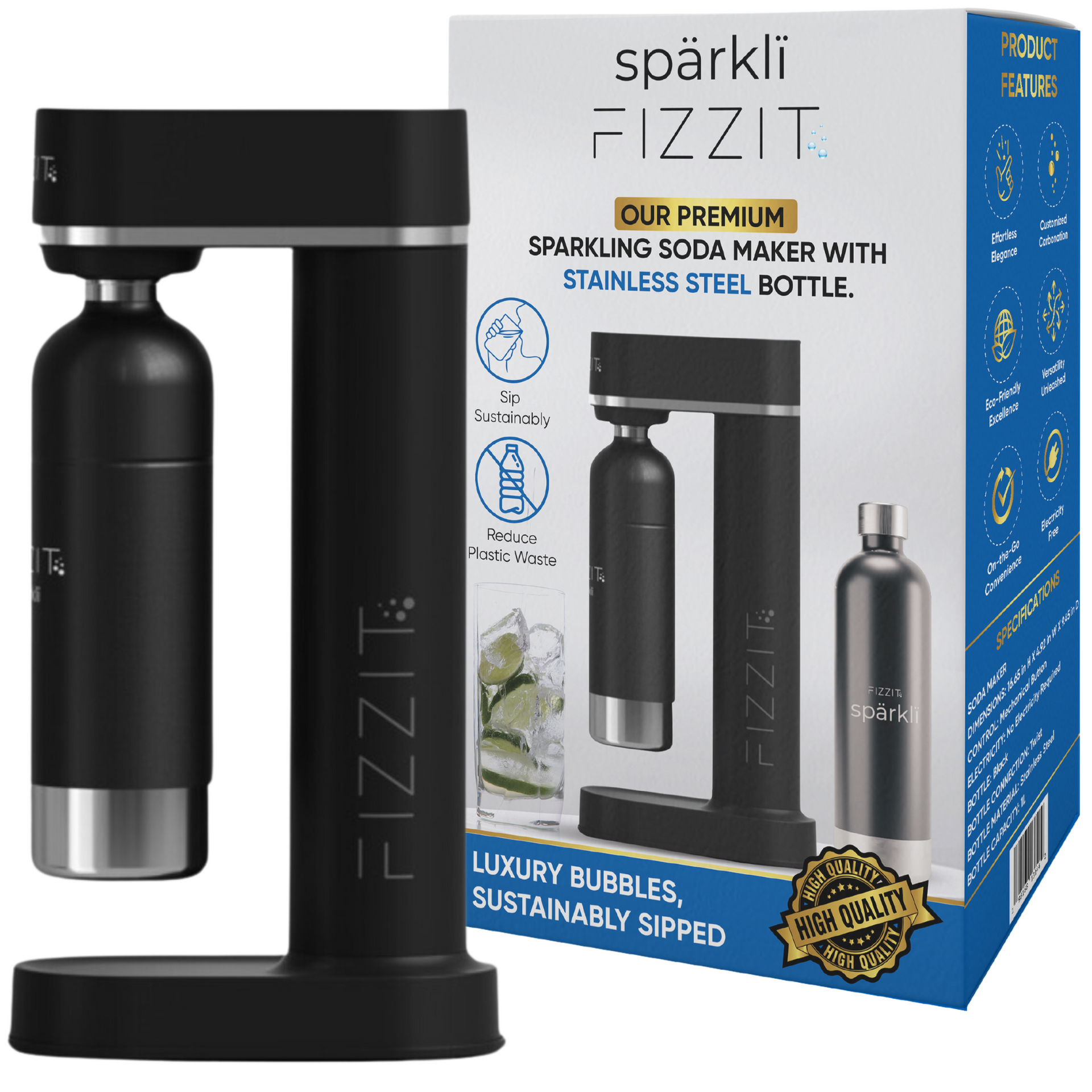 FIZZIT Hydration Set – Soda Maker + 1 CO₂ + 3 Bottles