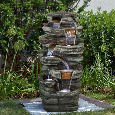 Resin Serpentine Slate Column Cascading Outdoor Fountain