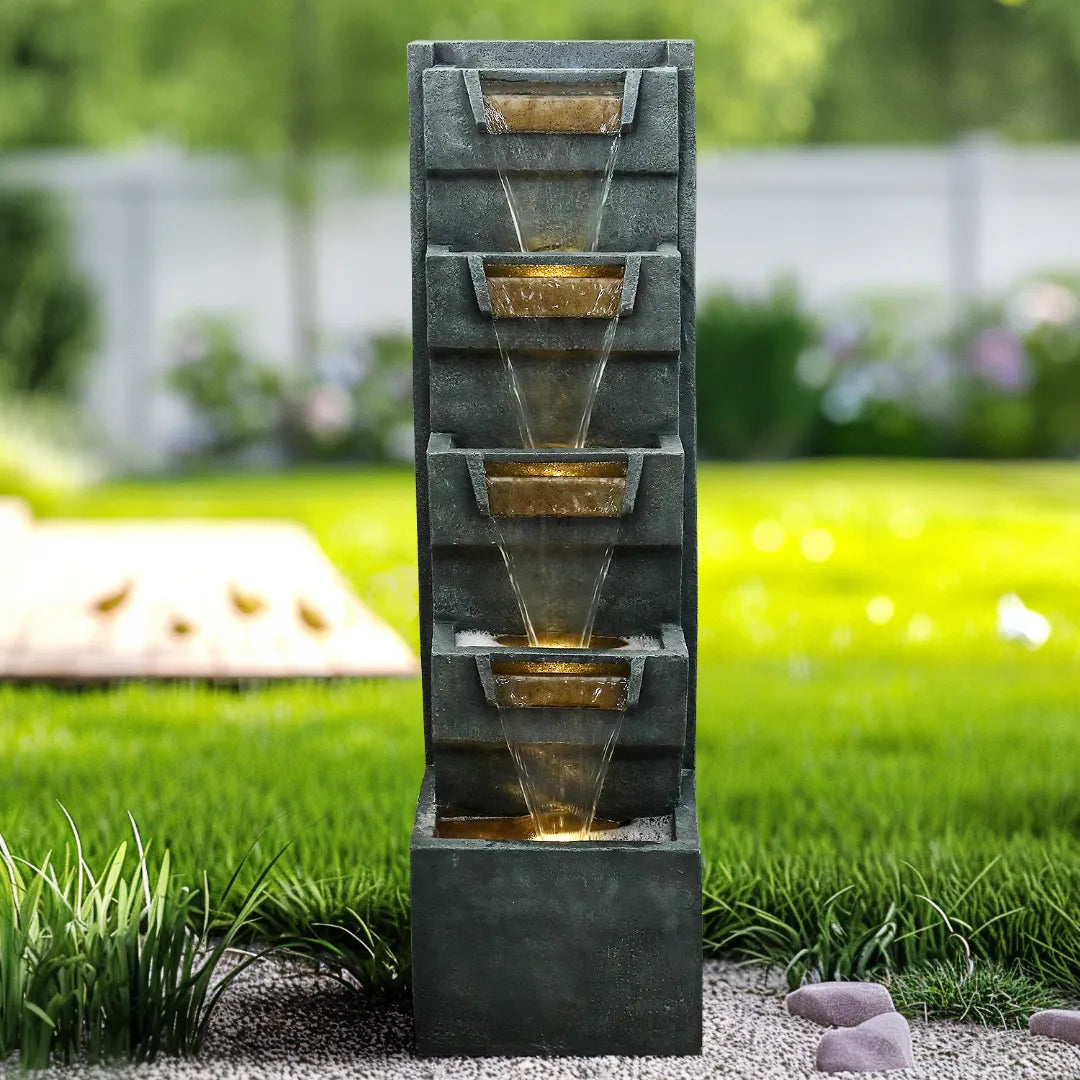 Resin Geometric Tall Outdoor Wall Fountain 79 Inch LED