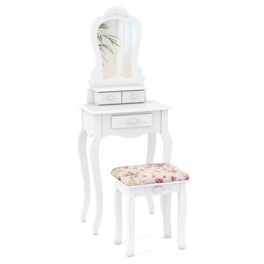 Makeup Dressing Table and Bench 3 Drawers and Cushioned Stool for Girls-White