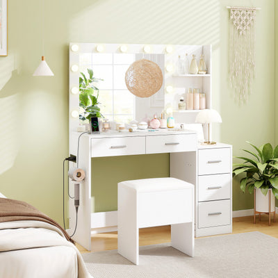 Makeup Table and Stool Set with Hair Dryer Stand-White