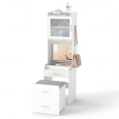 Makeup Vanity with Power Outlets and Flip-top Mirror and Storage Stool-White