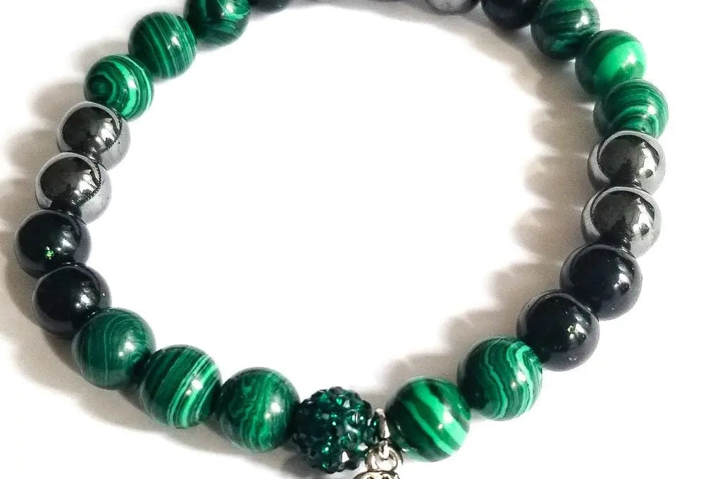 Malachite and Hematite Buddha Charm bracelet