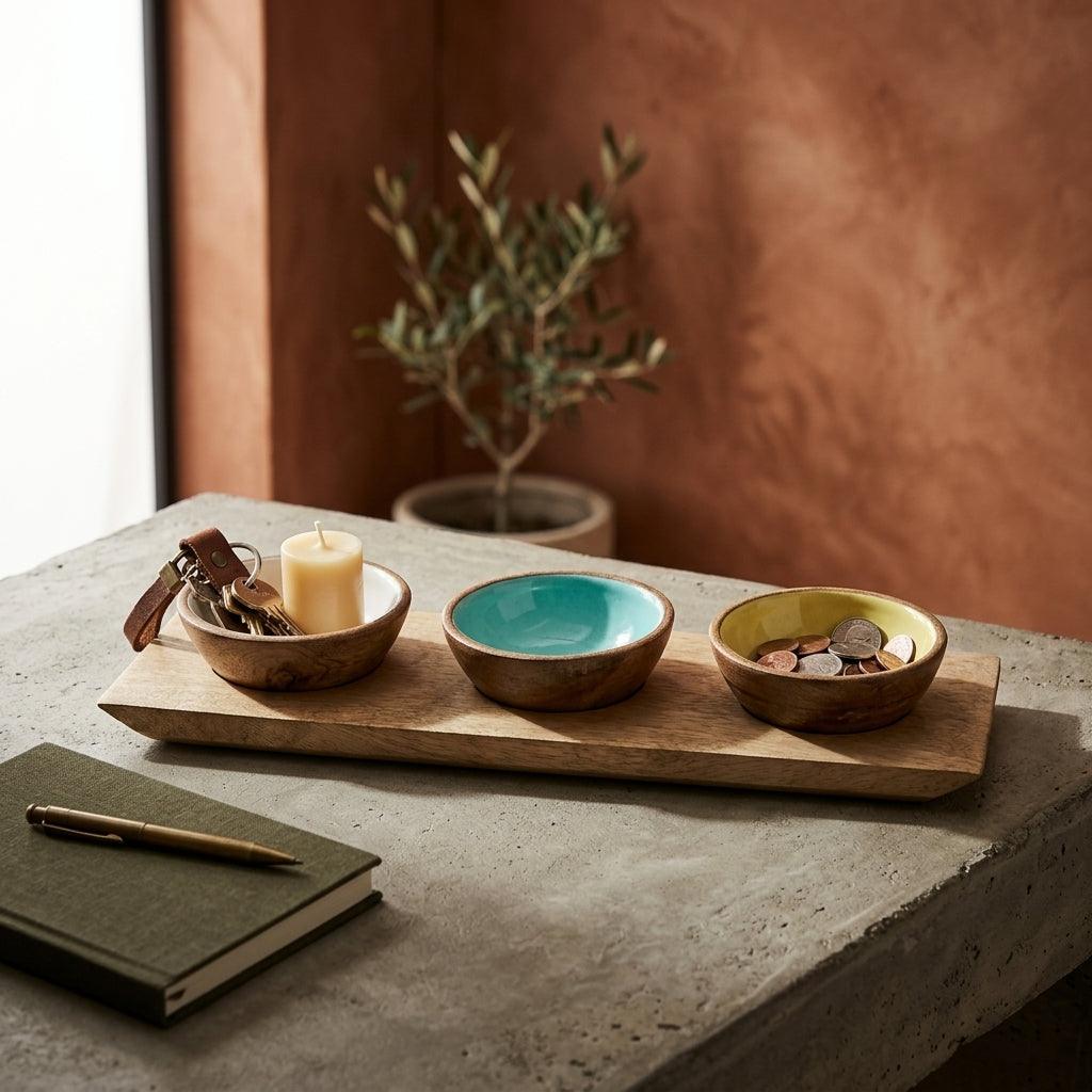 House of Avana Mango Wood Condiment Set with Enamel Bowls