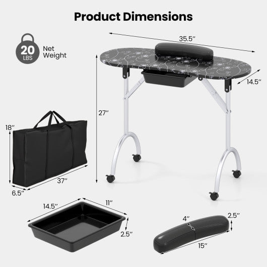 Foldable Portable Manicure Table with Drawer Casters and Cushion-Black