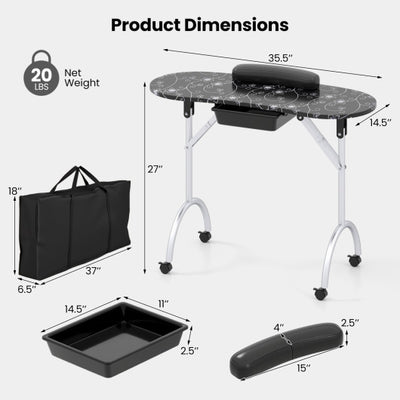 Foldable Portable Manicure Table with Drawer Casters and Cushion-Black