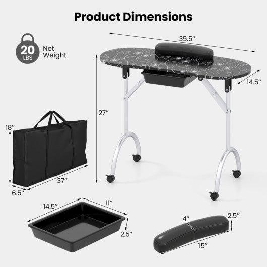 Foldable Portable Manicure Table with Drawer Casters and Cushion-Black