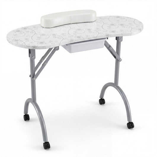 Foldable Portable Manicure Table with Drawer Casters and Cushion-White