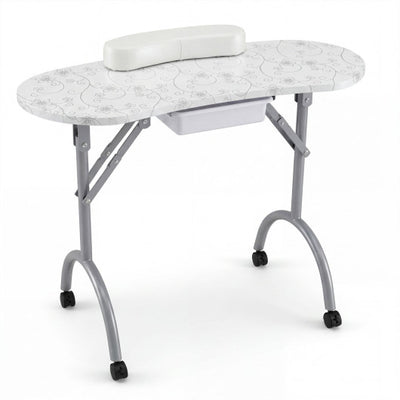 Foldable Portable Manicure Table with Drawer Casters and Cushion-White