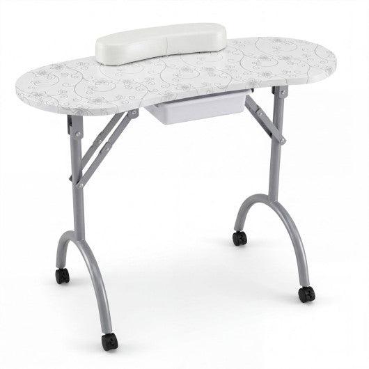 Foldable Portable Manicure Table with Drawer Casters and Cushion-White