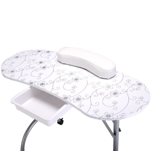 Foldable Portable Manicure Table with Drawer Casters and Cushion-White