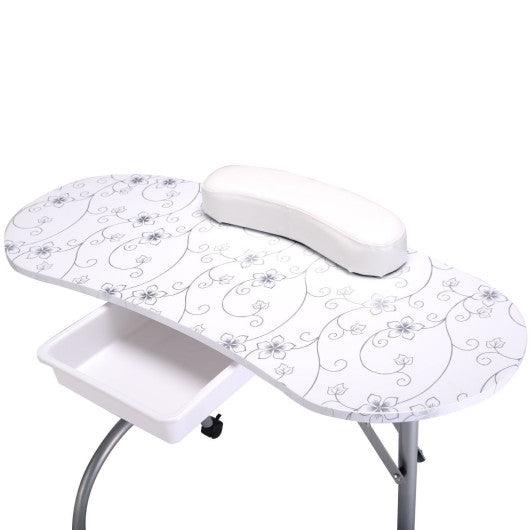 Foldable Portable Manicure Table with Drawer Casters and Cushion-White