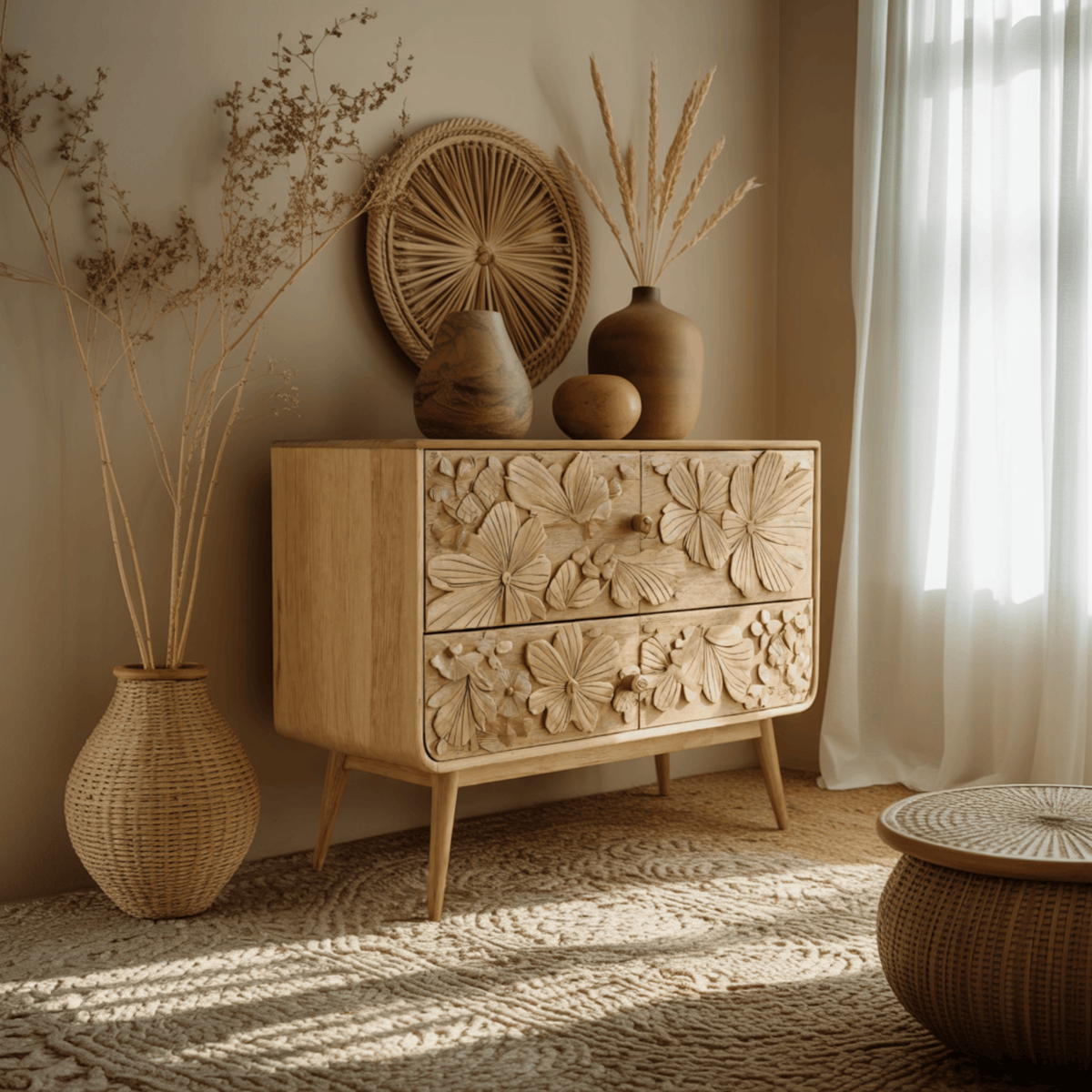 Maravi Hand-Carved Botanical Solid Wood Sideboard Cabinet