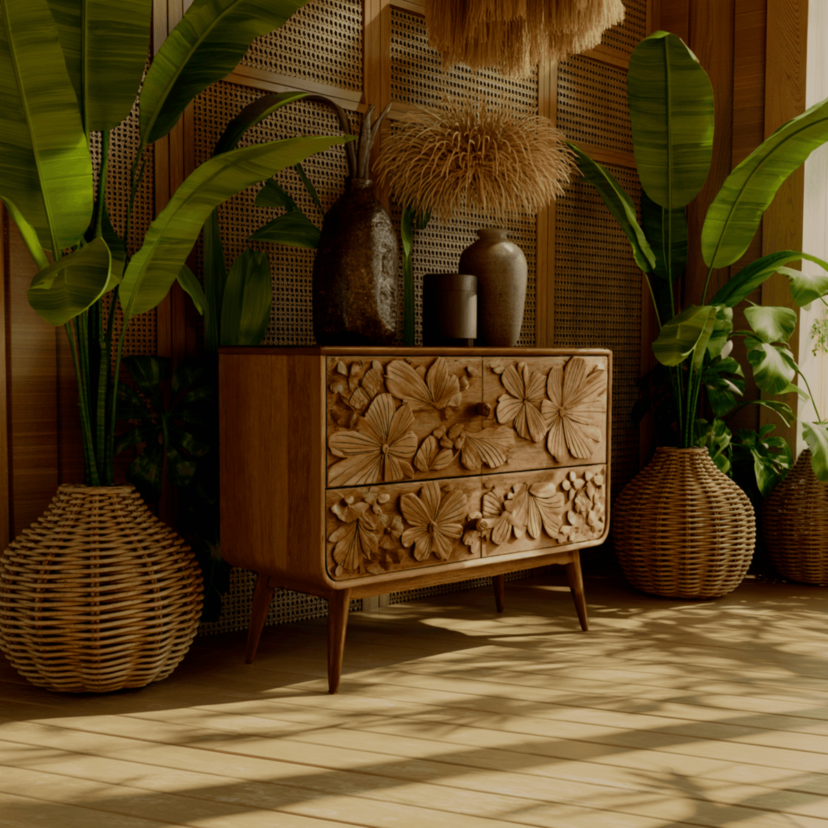 Maravi Hand-Carved Botanical Solid Wood Sideboard Cabinet